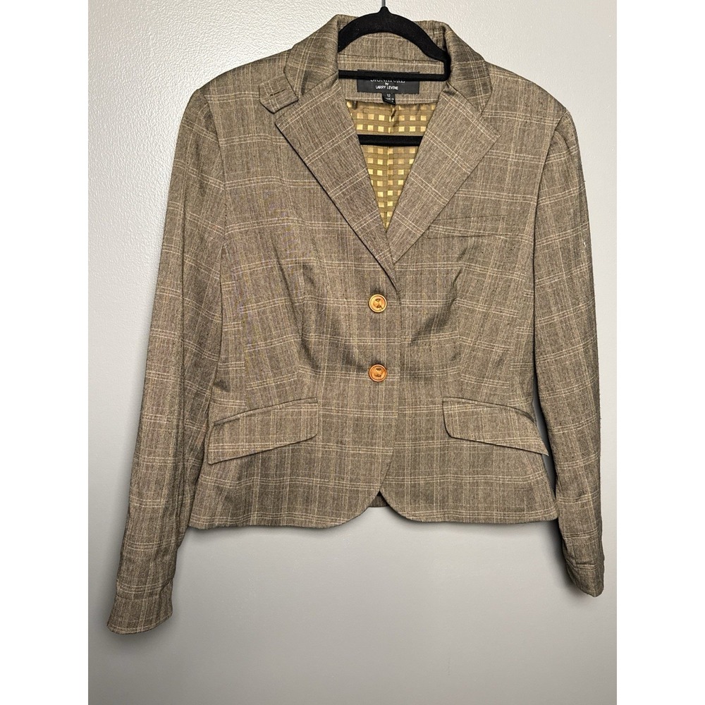 Signature By‎ Larry Levine Blazer Plaid Size 12 Brown Tan White Yellow Corporate